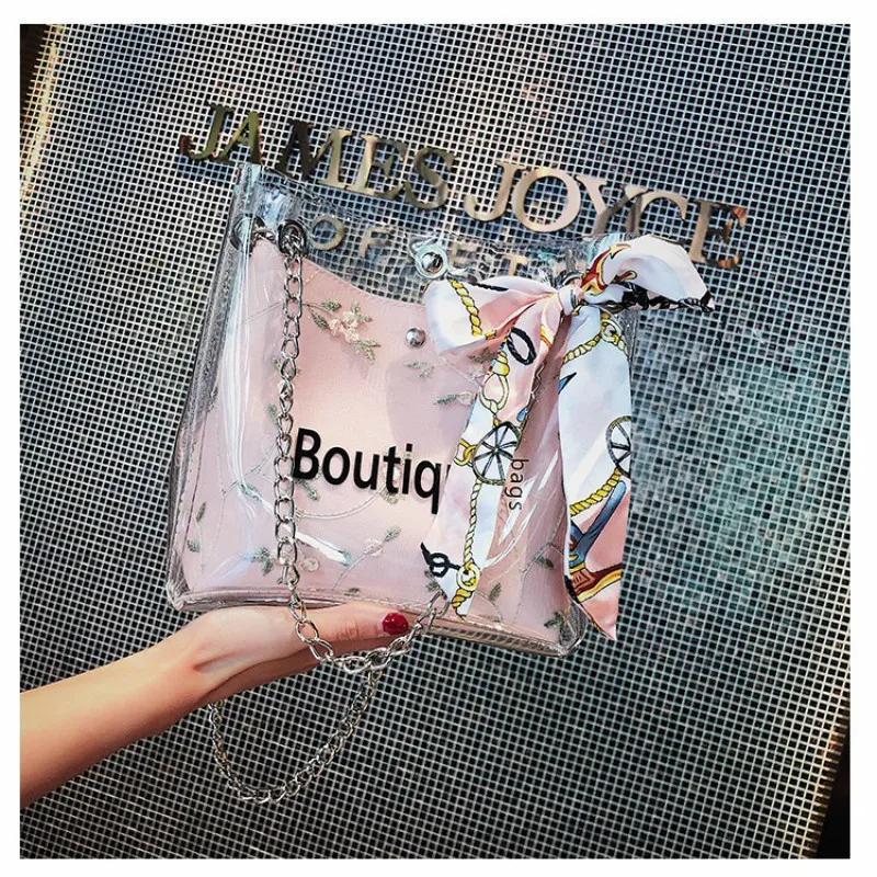 

Summer Shoulder Bag PVC New Transparent Jelly Package New Fashion Letter Handbag Single Shoulder Composite Bucket Bags 2019