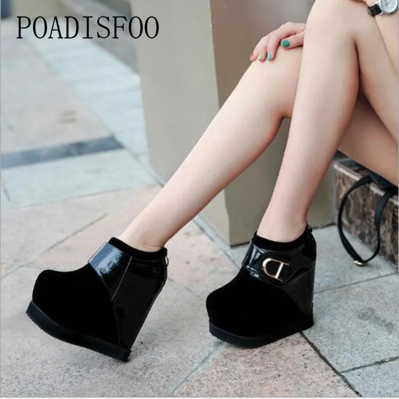Kopen POADISFOO 2018 Damesmode Lederen Laarzen Platfrom 13 cm Hakken Laarzen Pumps vrouwen NighClub Zwart Sexy Boot. ZYW 018 3
