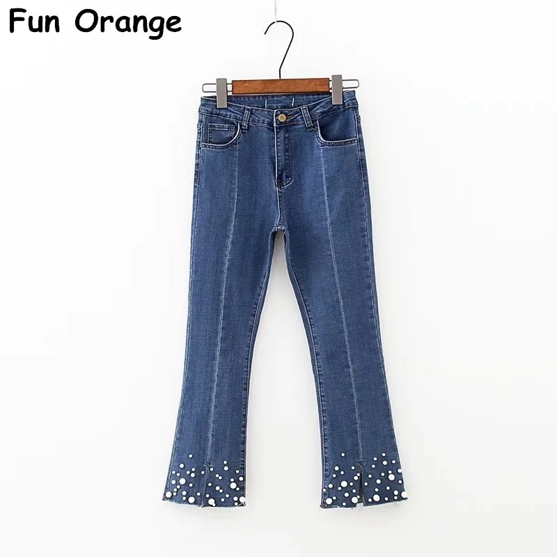 Весело оранжевый Для женщин Разделение Front Denim Flare Джинсы для с жемчугом модные