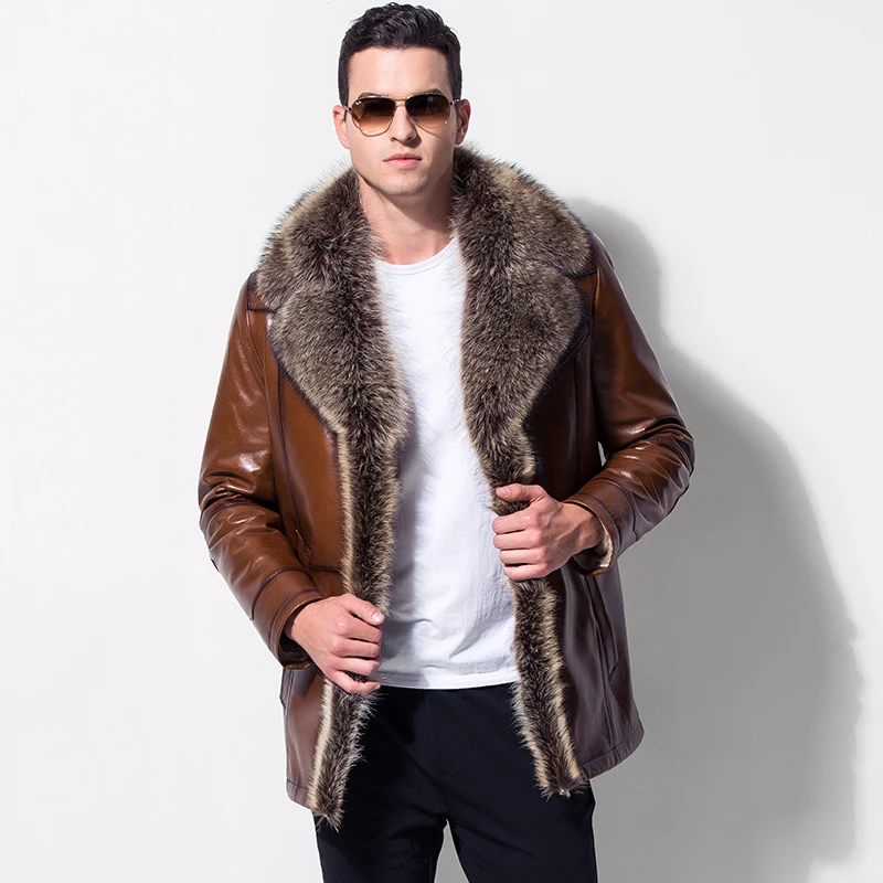 

Male Leather fur outerwear European Style Clothing sheepskin Winter Men's fur collar fleece lined Faux Leather jacket Warm Coat
