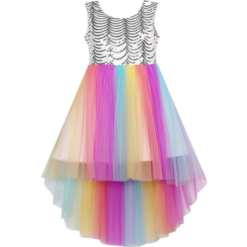 

Summer New Fashion Teen Kids Girls Sequin Ball Gown Party Wedding Princess Tulle Patchwork Rainbow Dresses Wholesale Free ShipZ4
