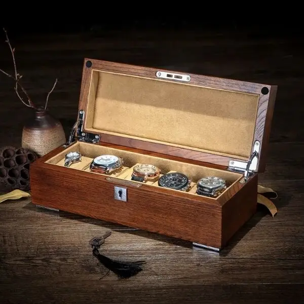 Роскошный Ретро Старый Elm фиолетовый чистый твердый деревянный ящик для часов дисплей коллекция коробка для хранения 4 сетки часы Подарочная коробка с замком MSBH012