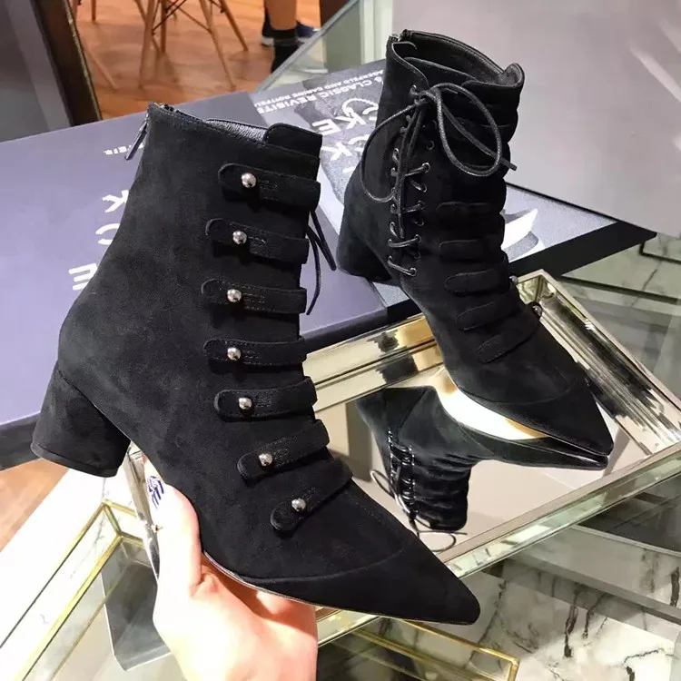 

Famous brand woman Chelsea boots cross buckle strap boots pointed toe rivets studs botas mujer high heels buckle lace up boots