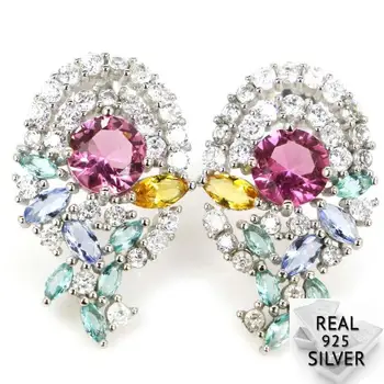 

Real 5.1g 925 Solid Sterling Silver Colorful Pink Tourmalins Tanzanite Citrins Aquamarins Earrings 25x15mm