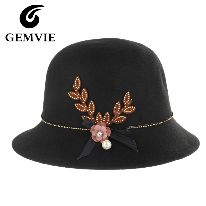 Autumn Winter Women Solid Fedoras British Style Bucket Hats Cotton Polyester Bead/Floral/Chain