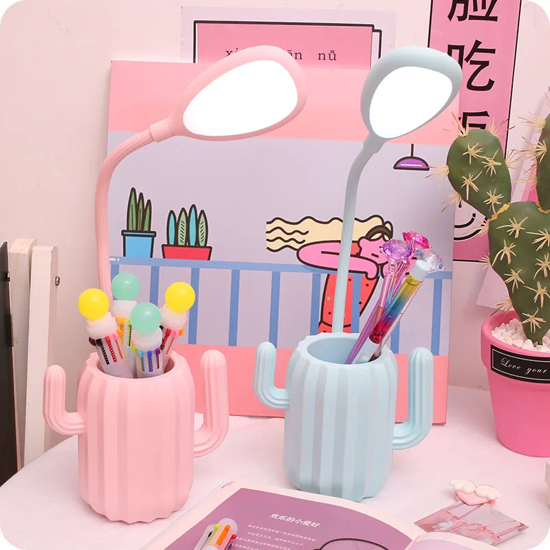 

LED Cactus Desk Lamp Table Light with Pen Holder Creative Night Light Students USB Charging Touch Foldable Cute Mini Eye Protect