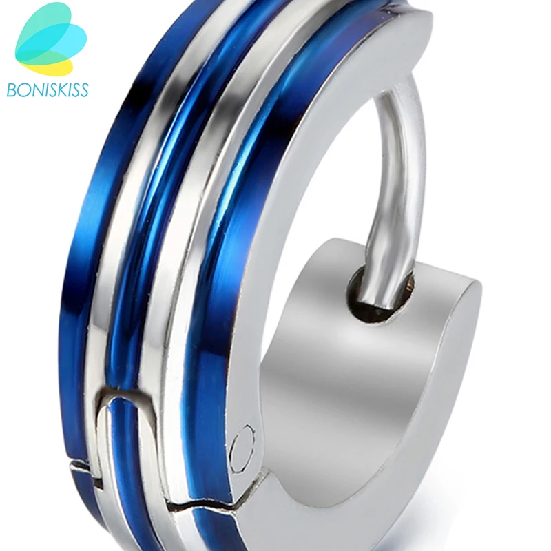 BONISKISS мужской маленький обруч из нержавеющей стали серьги huggie полосатый