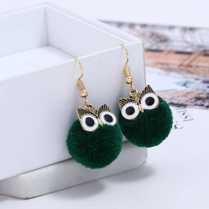 New 4 Colors Little Cute Hair Bulb Pompom cartoon Earrings fur ball Owl Earring