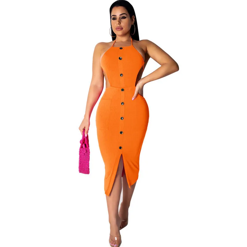 

Women Ribbed Knitted Dress Sexy Halter Backless Off Shoulder Button Split Knee-length Midi Dress Nightclub Bodycon Party Dresses
