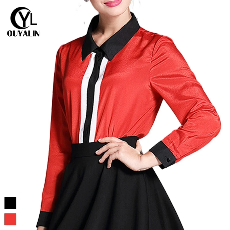 S- 5XL Contrast Woven Band Spring Blouses Ladies turn-down Collar Tops 2017 Big Size single-breasted Office Women Shirt 3816