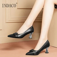 Women Shoes High Heel Pumps Leather Ladies Shoes Pointed Toe Black Heels Beige Work Shoes Flowers Buckle 6cm beige color point toe pumps 6cm high heel women work shoes sexy pumps