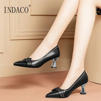 

Women Shoes High Heel Pumps Leather Ladies Shoes Pointed Toe Black Heels Beige Work Shoes Flowers Buckle 6cm