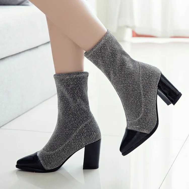 

Big Size 11 12 13 14 15 Matin boots and boots with high heels and stitching with pointed thick-heeled elastic cloth