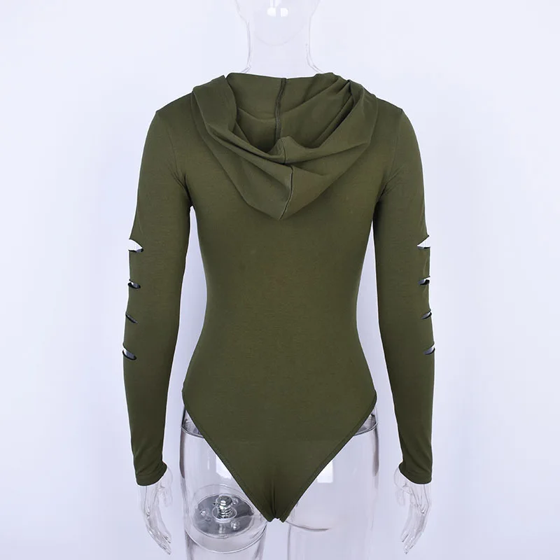 white body suit Dulzura long sleeve hooded  sexy cut out bodysuit 2018  autumn winter women zipper army green white solid hoodies female body sequin bodysuit