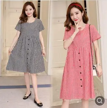 Maternity Clothes 2019 Summer New Short-sleeved Plaid Casual Pregnancy Dress Korean Cotton Dresses for Pregnant Women QL1813