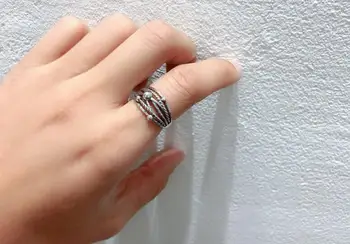 

PUNK Retro Authentic S925 Sterling Silver Fine Geometric Criss Cross Twisted &Lucky Beads Long Band ring adjust J448