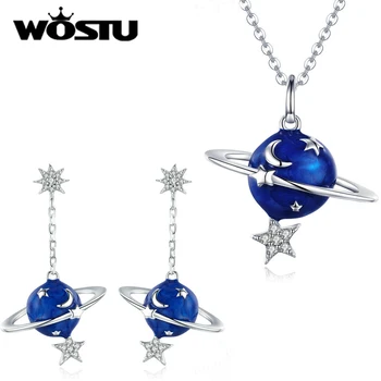

WOSTU Pure 925 Sterling Silver Star & Moon Blue CZ Planet Earrings and Necklace Jewelry Sets For Women & Lady Fashion Gifts