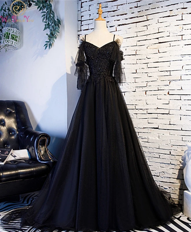

Ruffles Sleeves Prom Dresses Black V-neck Spaghetti Strap Sweep Train A-line Appliques Beading Sequined Lace-up Evening Dress