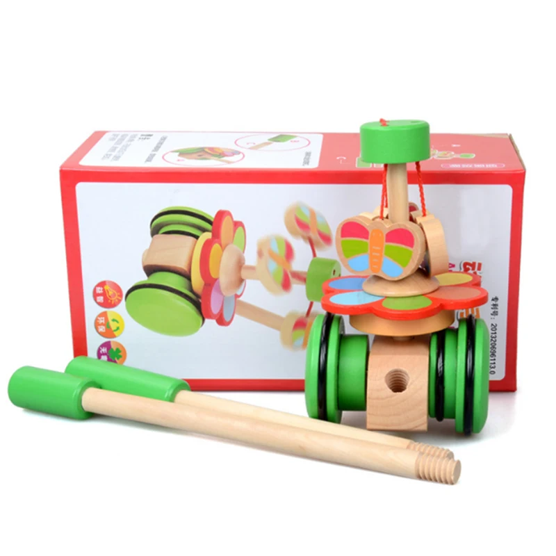 kids Wooden Toys Butterfly Cartoon Animals Funny Wooden Car Toys Baby Rotate Puzzle Trolley Cart Toys Wood Pushing Toy (7)