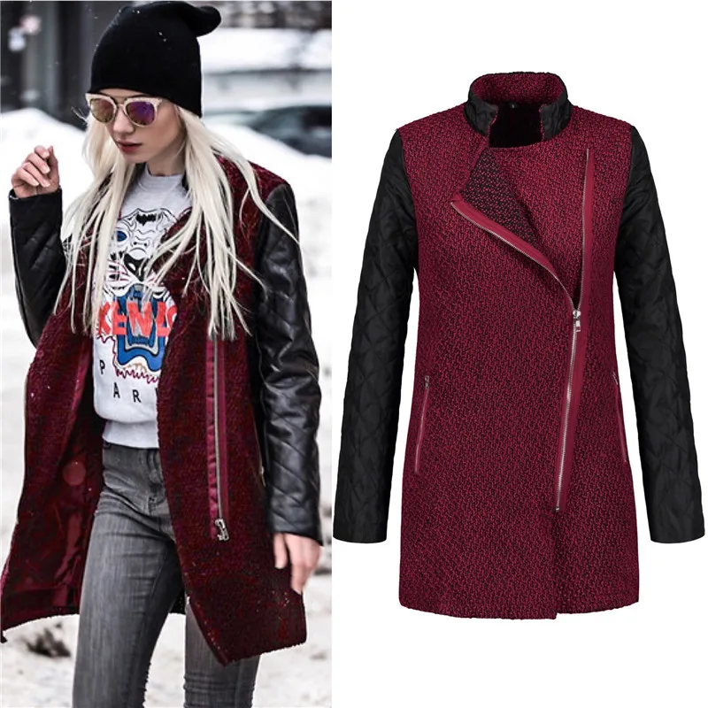 Wonder 2018 new autumn Warm Jacket Windbreaker Side Stitching Zipper Female Long Coat PU Leather Patchwork Lady Outwears