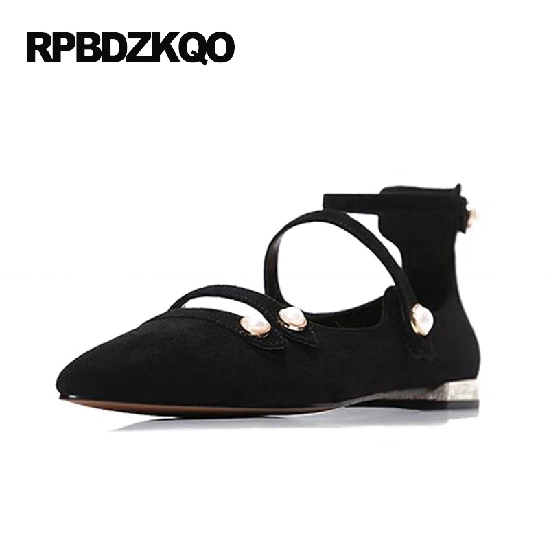 Mary Jane Ladies Low Heel Pearl Party Flats Pointed Toe Designer Beautiful Luxury Brand Shoes Women Ankle Strap Black Suede nude designer famous brand shoes high quality patent leather mary jane pointed toe flats low heel ballet ladies black ballerina