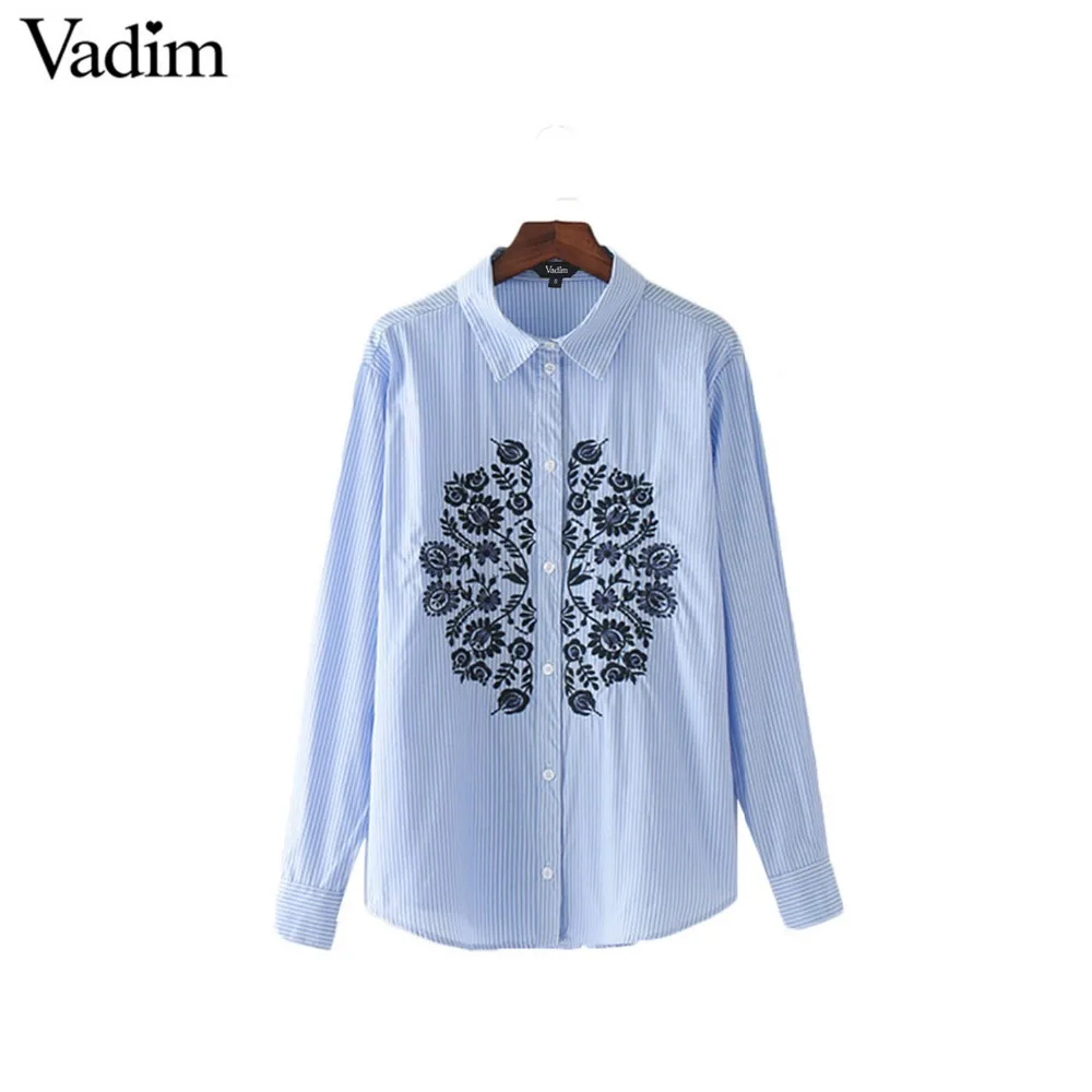 Vadim women elegant floral embroidery striped shirts long