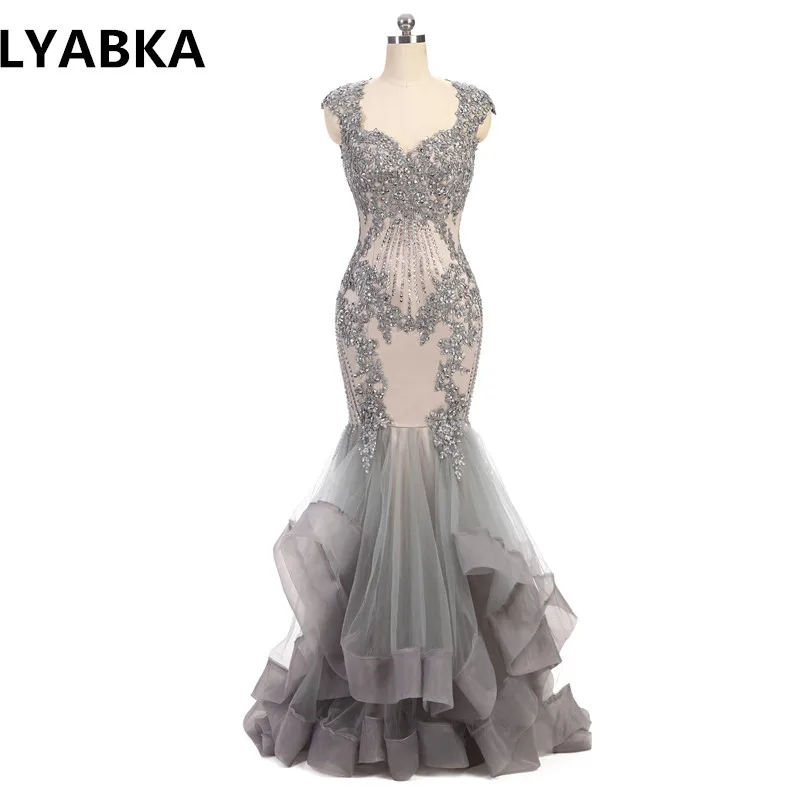 

High Quality Sweetheart Mermaid Evening Dress Beads Mermaid Dress Long Elegant Prom Dresses Robe De Soiree Gray Tulle Prom Dress