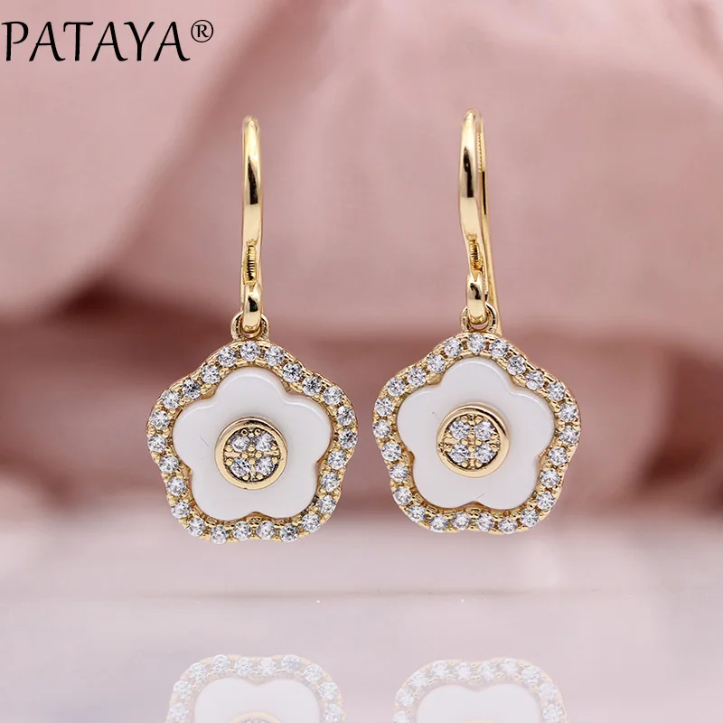 

PATAYA New White Ceramic Flower Hollow Earring Women Fashion Wedding Cute Jewelry 585 Rose Gold Natural Zircon Long Earrings