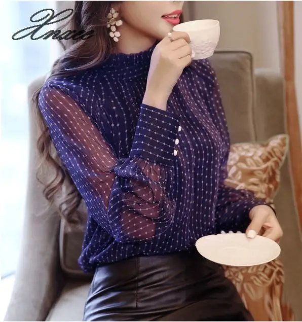 Polka-dot chiffon shirt female long-sleeved 2019 spring new small shirt spring coat small floral