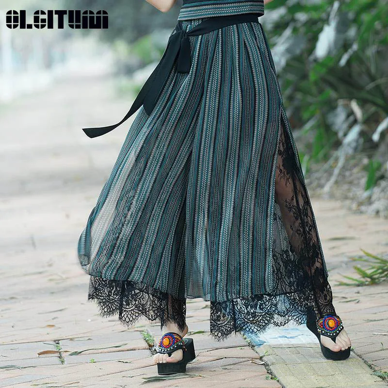 

New 2019 Female Spring Summer Chinese Style Women National Wind Lace Open Wide Leg Pants Casual Pants Long Pants PT253