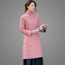 Китайская традиционная Женская однотонная куртка на пуговицах ручной работы Повседневная Толстая хлопковая куртка с длинными рукавами воротник-стойка Tang верхняя одежда