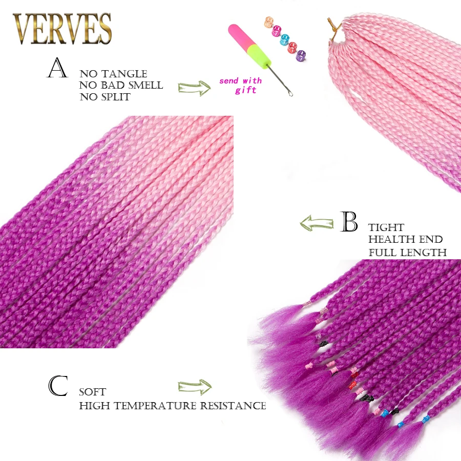 Вязанные косички VERVES 24 дюймов коробка оплетка 22 корня/упаковка Омбре синтетическое плетение волос Термостойкое волокно распределительный конец