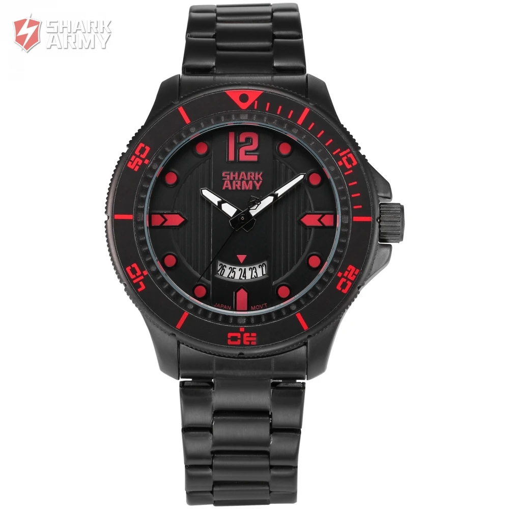 

SHARK ARMY Black Watch Electroplate Red Number Date Display Steel Strap Military Men Sports Waterproof Running Watch / SAW216