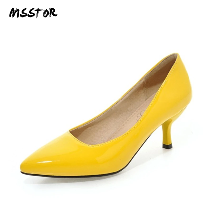 

MSSTOR Concise Office Shoes Women Plus Size Yellow Fashion Shallow Thin Heel Nude Heels Autumn Spring Pointed Toe Ladies Shoes