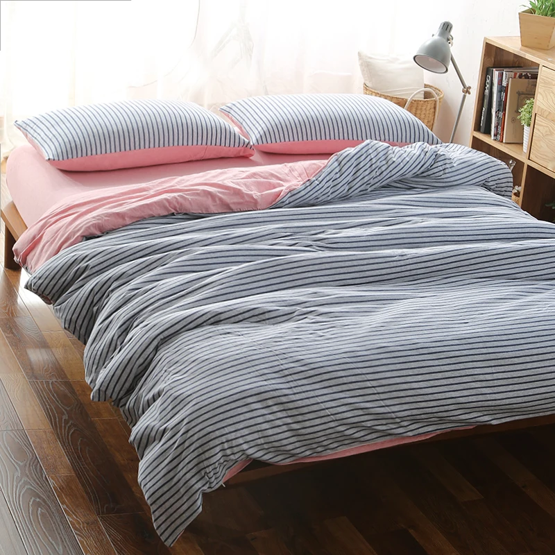 4pcs 100 Cotton Blue Stripe Matched With Pink Double Side Bed