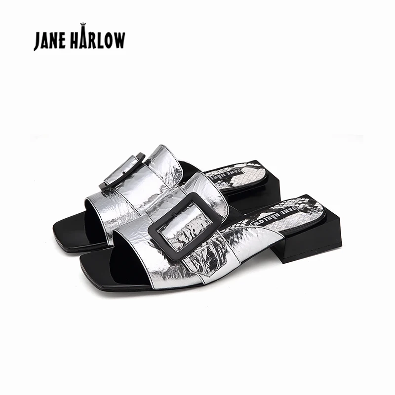 

JANE HARLOW 2019 spring and summer new metal Square heel buckle sandals high heel sandals women shoes size 40