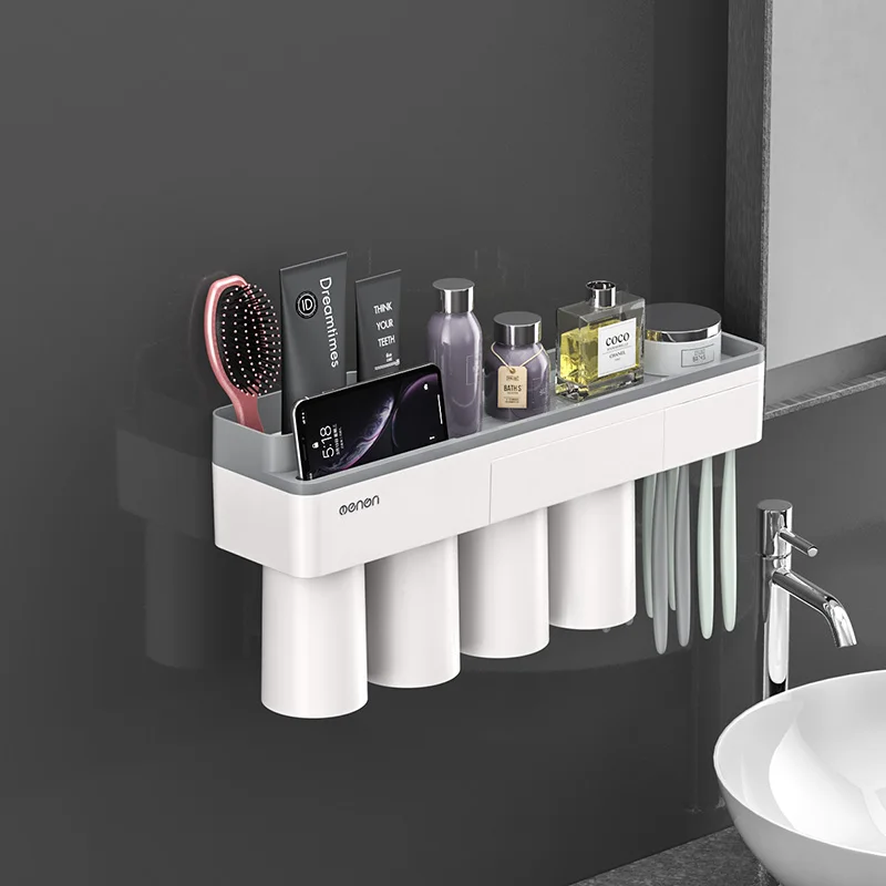 GUNOT Magnetic Adsorption Toothbrush Holder Toothpaste Dispenser Wall Mounted Storage Box Multifunction Bathroom Accessories Set - Цвет: Gray 4 Cups