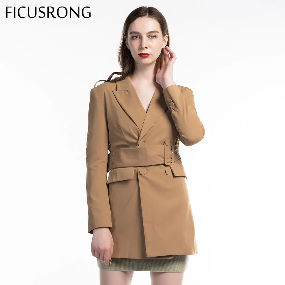 FICUSRONG 2019 New Autumn Women Coat Khaki V Neck Medium Long Blazer With Belt Elegant Solid Pocket Double Breasted Outwear