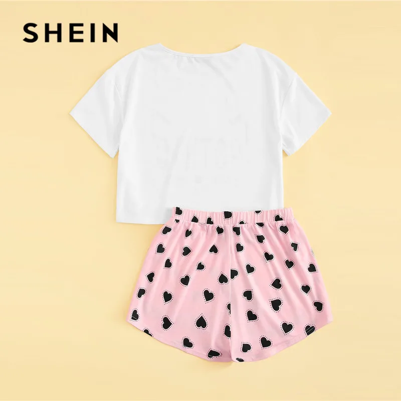 Price SHEIN Cat Print Tshirt And Heart Elastic Waist Shorts Casual Sleepwear Women Summer Cute Round Neck Short Sleeve Pajama Set