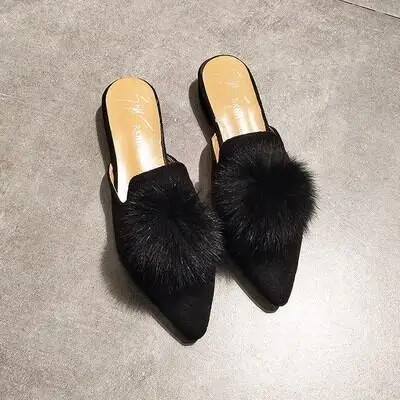 

2019 new women summer autumn slippers fashion real hair wearing fur ball thick with pointed lazy slippers