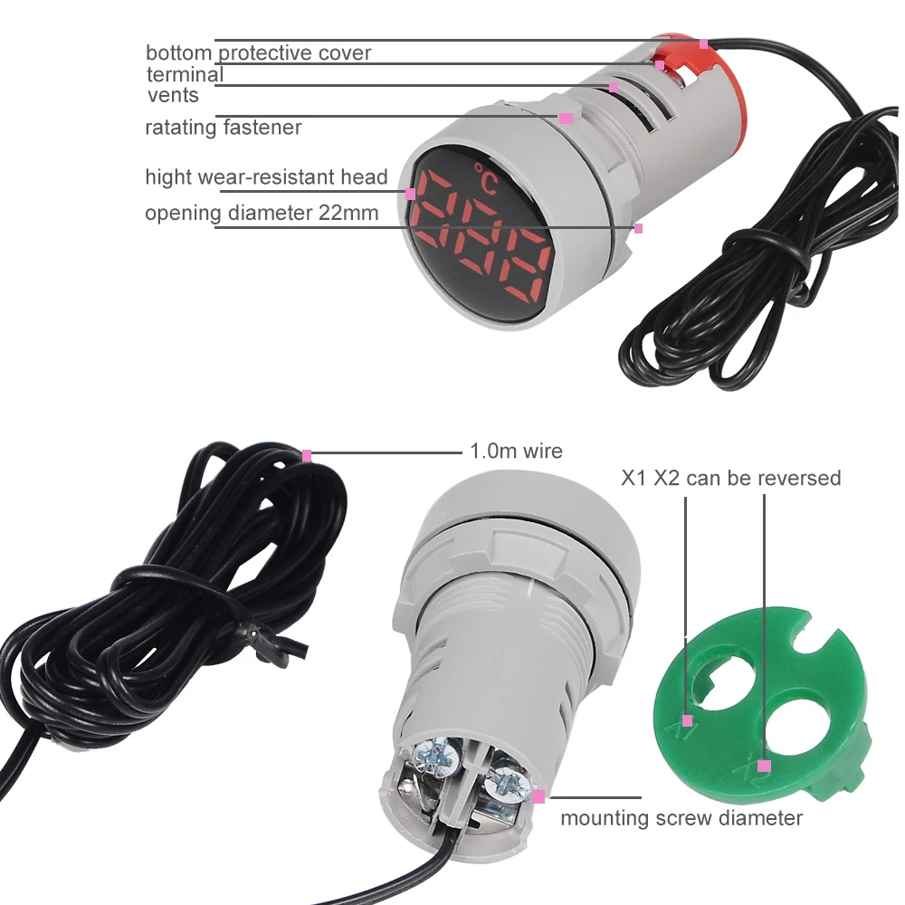 ST16C 22 мм круглый светодиодный мини-термометр сигнальный светильник переменного тока 50-380 В 220 В индикатор температуры диапазон-20-120'c с датчиком 1 м
