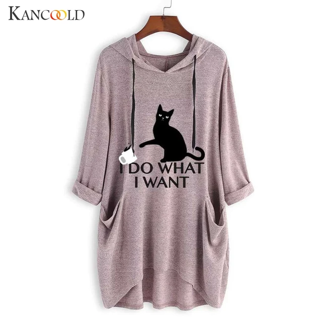 US $8.76 KANCOOLD top T-Shirt Women Casual Print Cat Ear Hooded T-Shirt Long Sleeves Pocket Irregular fashio