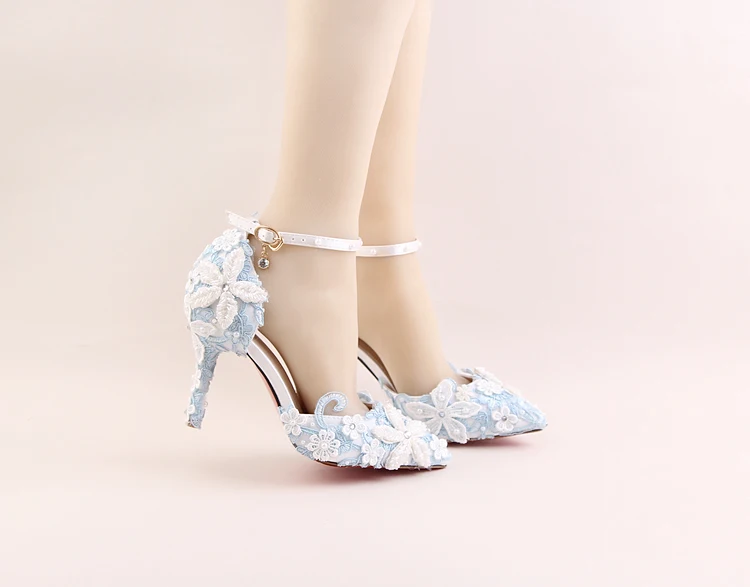 16_2017 Spring Blue Lace Flower Bridal Shoe White Pearl Diamond Rhinestone Wedding Shoes Pointed High Heel Sandals For Ladies