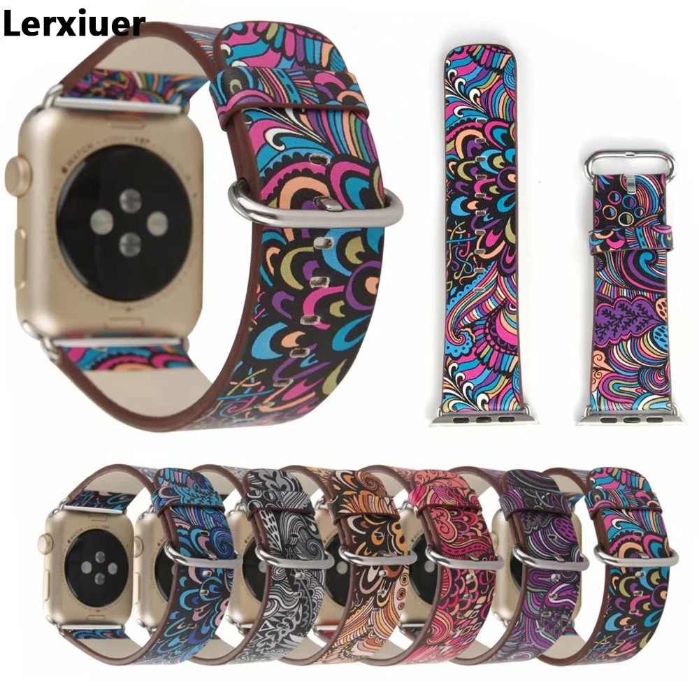 

Lerxiuer Leather Strap For apple watch 4 band 44mm 40mm flower print correa iwatch series 3 2 1 42mm/38mm wrist Bracelet belt