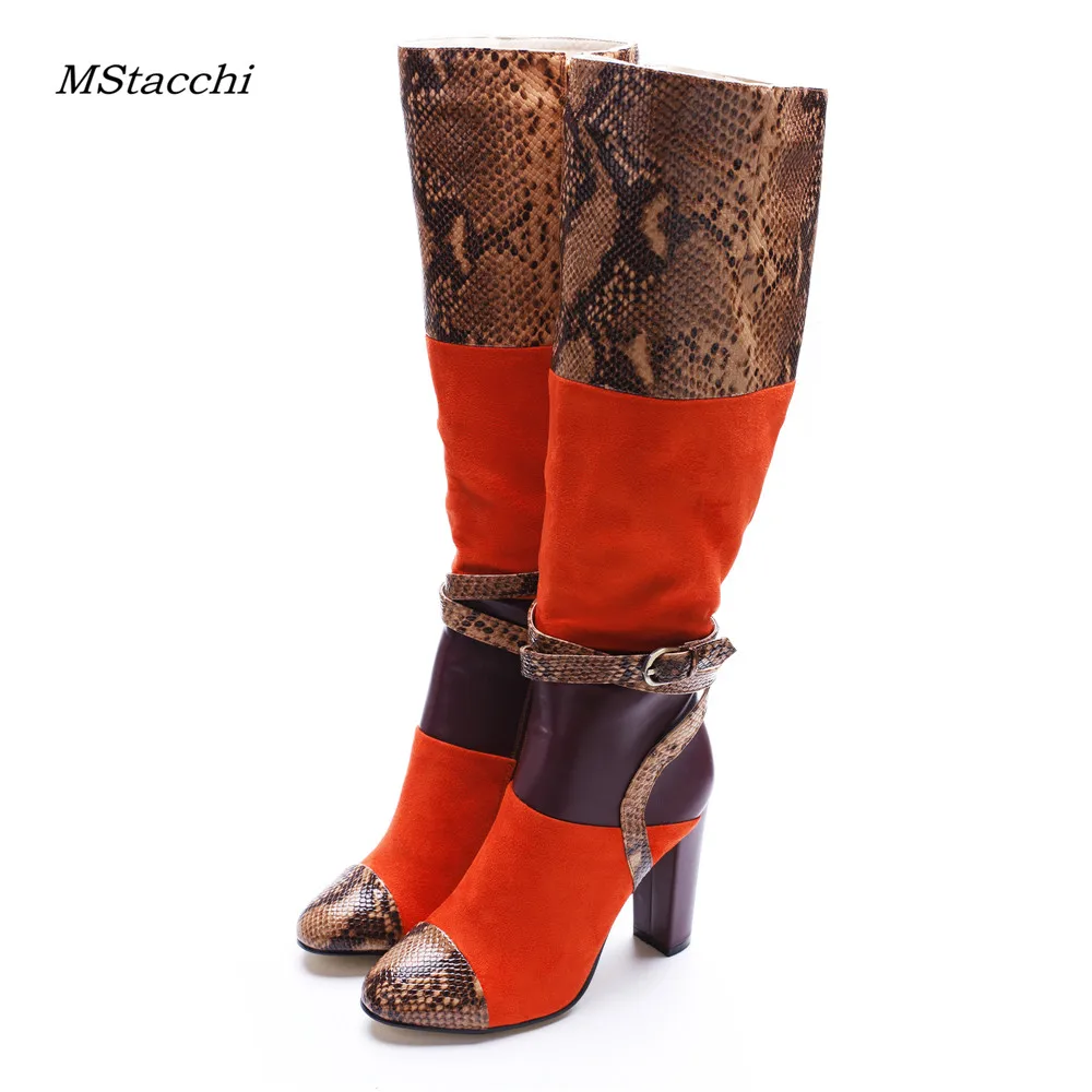 

Mstacchi Women Sexy Snake Print High Heel Boots Chunky Heel Round Toe Knee High Boots Woman Over The Knee Boots Winter Botas
