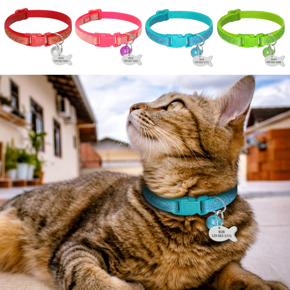 

Bling Sequins Puppy Cat Dog Collars Engraved ID Tag Personalized Custom Kitten Cat ID Collar Cute Bell For Small Dogs Cats S