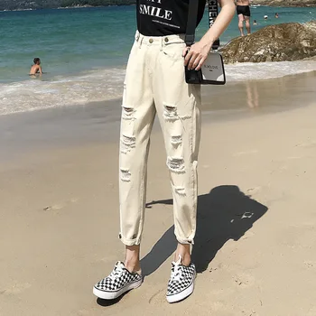 

Korean Style Woman Denim Pants Women Ripped Jeans Plus Size High Waist Jeans Straight Jeans Feminino 5XL Nine Point Jeans Mujer