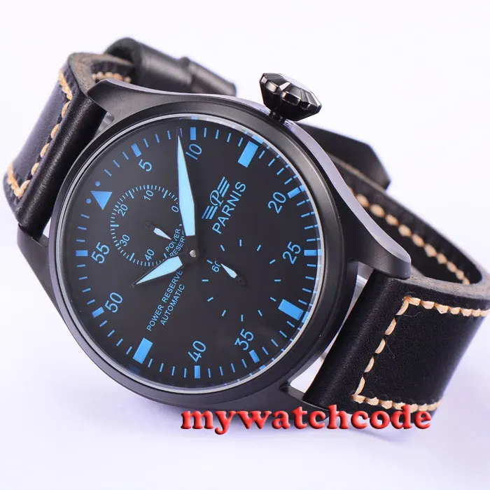 

47mm parnis black dial blue marks PVD power reserve automatic mens watch P425