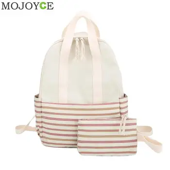 

Girls Casual Simple Fashion 2pcs/Set Striped Canvas Backpack Women Shoulder Schoolbags Clutch Travel Rucksack mochila feminina