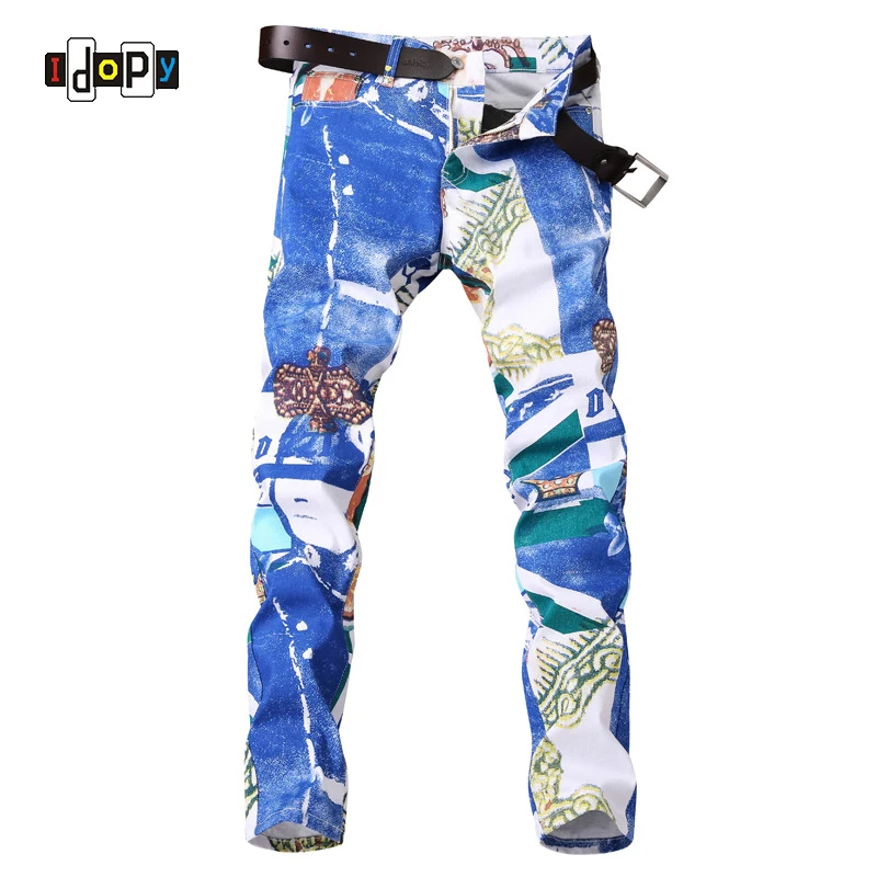 Idopy мужские модные брендовые дизайнерские джинсы с принтом для мужчин, для ночного клуба, хип-хоп, джинсовые джоггеры, вымытые, с принтом, синие джинсы для мужчин